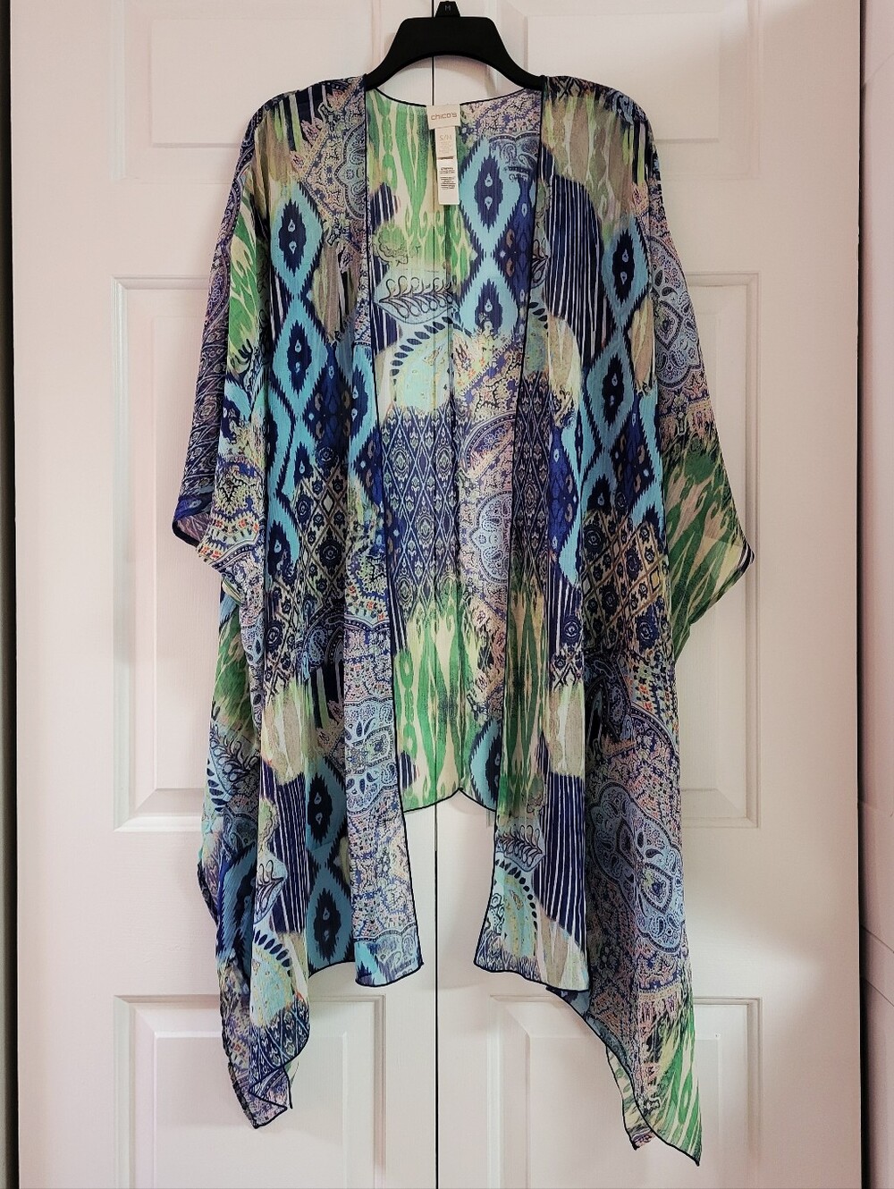 Chico's blue and green paisley boho kimono-style jacket/cover-up, small/medium